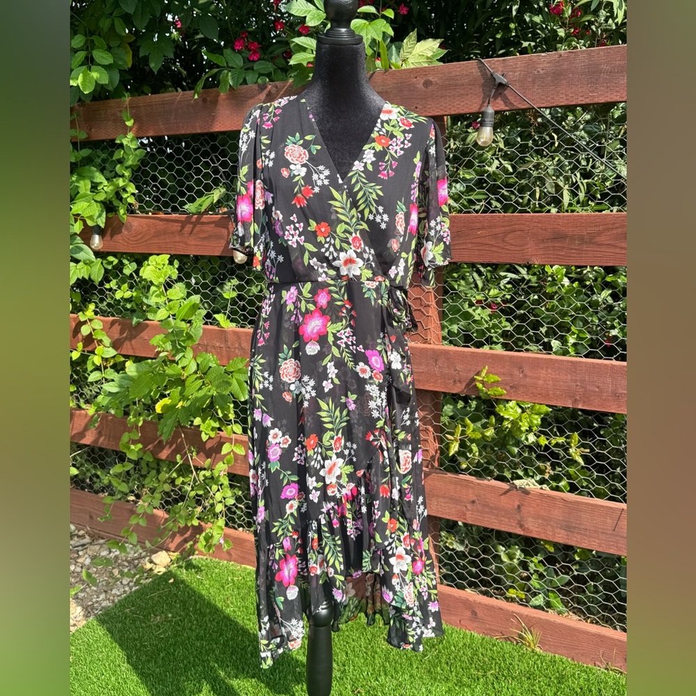 Calvin Klein Black Floral Maxi Wrap Dress with Pink & Green Accents